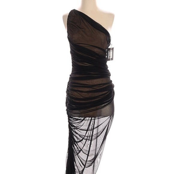 Norma Kamali Diana Ruched One-Shoulder Midi-Dress Black Mesh Sheer Small NWT - Picture 3 of 9